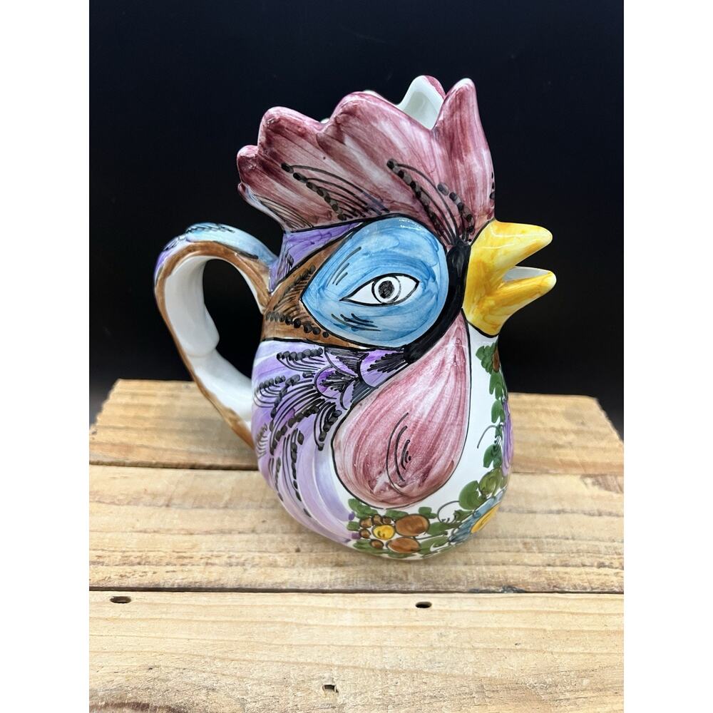 Vintage Greek SKYROS Ceramic Hand Painted Pitcher Jug Floral Rooster c1990
